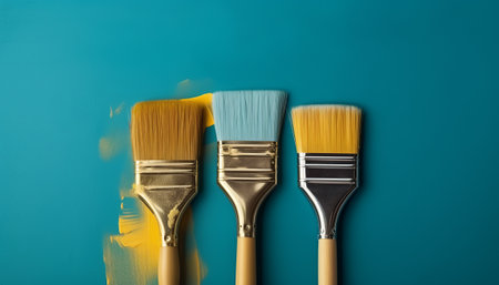 Paint brushes with yellow paint on a turquoise background.の素材