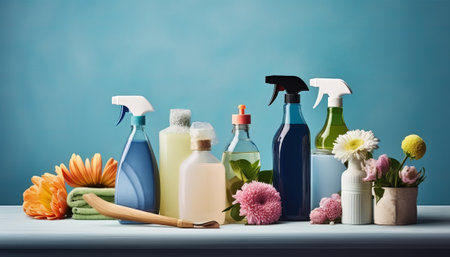 Cleaning products and flowers on blue background. Cleaning concept.の素材