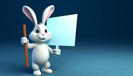 Cute Easter Bunny holding a blank sign. 3D Renderingの素材