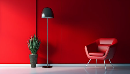 Interior of modern living room with red walls, concrete floor, red armchair and lamp. 3d renderの素材