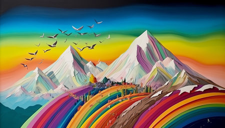 Beautiful mountain landscape with colorful rainbow sky and flying birds - illustrationの素材
