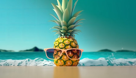 Pineapple with sunglasses in the sea. 3d illustration.の素材