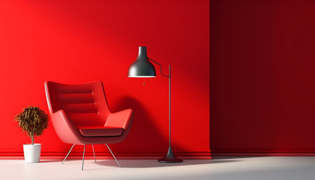 Interior of modern living room with red walls, white floor, comfortable red armchair and lamp. 3d renderの素材
