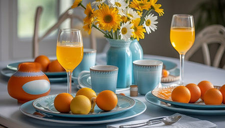 Easter table setting with orange, daisies and glass of orange juiceの素材