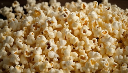 Popcorn in a wooden box close-up. Food background.の素材