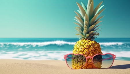Pineapple with sunglasses on the beach. 3d illustration.の素材