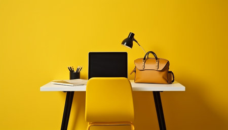 Modern workplace with laptop and stationery on yellow wall. Mock upの素材