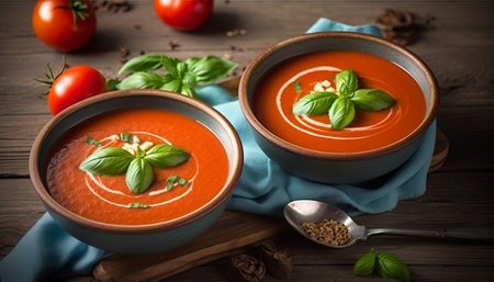 Two bowls of tomato soup with basil and pine nuts on wooden backgroundの素材