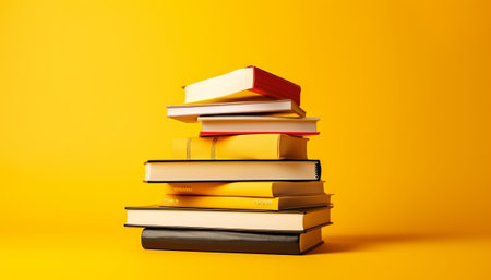 Stack of books on yellow background. Education concept. 3D Renderingの素材