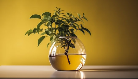 Small plant in a round glass vase on a yellow background.の素材