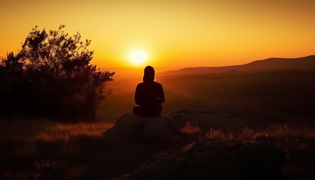 Silhouette of a woman meditating in the mountains at sunsetの素材