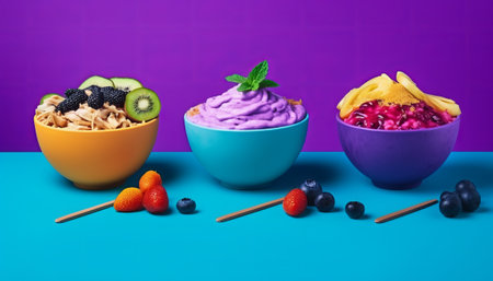 bowl of oatmeal with fruit and berry toppings on blue backgroundの素材