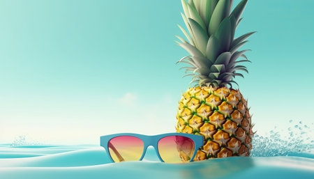 Pineapple with sunglasses on the beach. 3d illustration.の素材