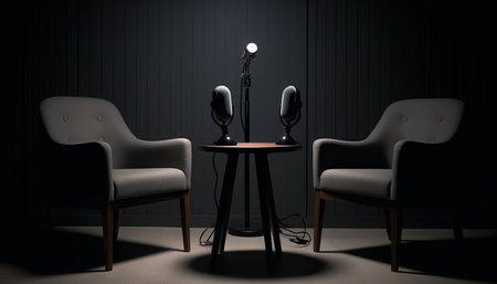 Two chairs and a table on a black background. 3d renderingの素材