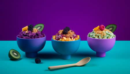 Mixed fruit ice cream in bowl with spoon on blue and purple backgroundの素材