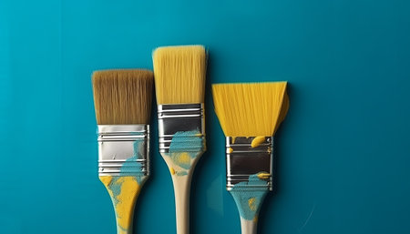 Paint brushes on a blue background. Top view with copy space.の素材