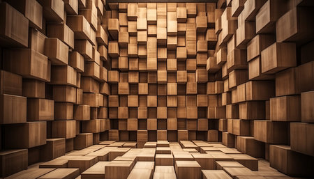 3D rendering of a futuristic background with wooden cubes in a roomの素材