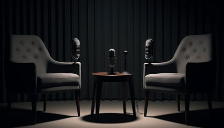 3D rendering of a vintage microphone with two armchairs in a dark roomの素材