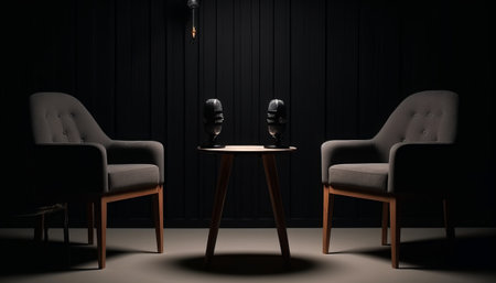 Two chairs and a table in a dark room. 3d renderingの素材