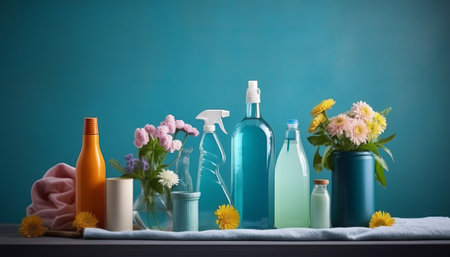 cosmetics bottles with flowers and towels on wooden table on blue backgroundの素材