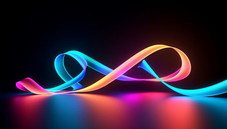 abstract 3d illustration of blue and pink twisted ribbon on black backgroundの素材