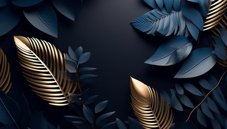 Abstract black background with tropical leaves. 3d render, 3d illustration.の素材