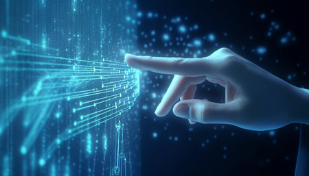 3d rendering of hand touching virtual screen with binary code on dark backgroundの素材