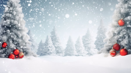 Christmas background with fir trees and snowflakes. 3D illustration.の素材