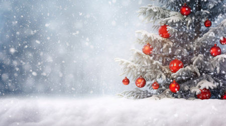 Christmas background with snowy fir tree and red balls. Copy space.の素材
