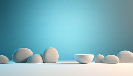 3d rendering of white podium and white stones on blue background.の素材