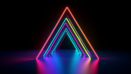 3d render, abstract background with neon lights, geometric shapes, triangles. Glowing neon triangle on a black backgroundの素材
