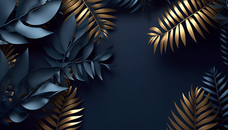 Dark blue and gold tropical leaves background. 3d render illustration.の素材