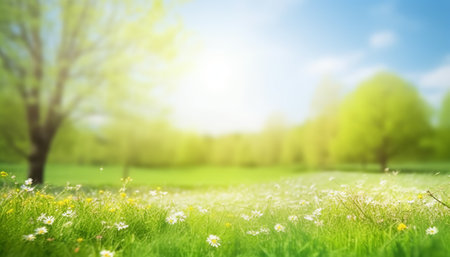 Spring meadow with flowers and green grass in sunny day. Nature backgroundの素材