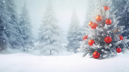 Christmas background with snowy fir trees and red balls. 3d renderingの素材