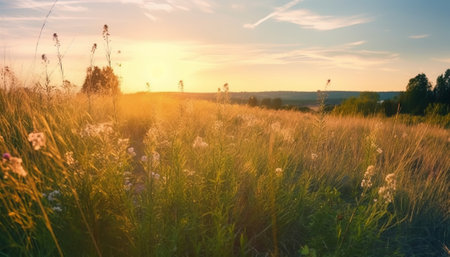 Beautiful summer landscape with meadow and sun on the horizon.の素材