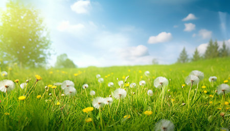 Spring meadow with dandelions and green grass. Nature backgroundの素材