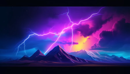 Fantasy landscape with mountains and lightning. 3d render illustration.の素材