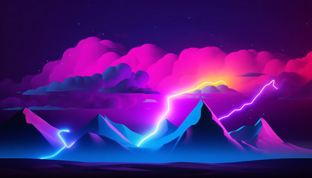 Futuristic mountains with bright neon lights. Vector illustration. Eps 10の素材