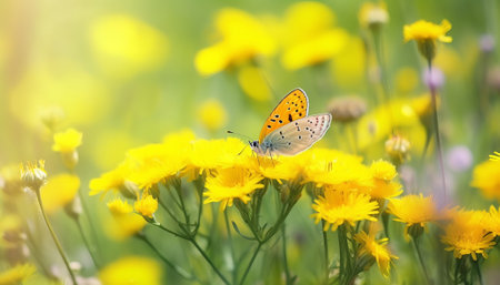 butterfly on a flower in a meadow of yellow flowersの素材
