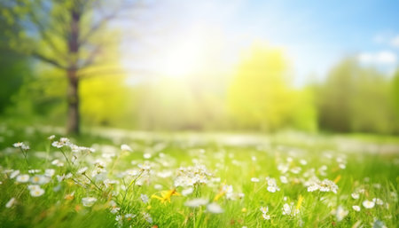 Spring meadow with daisies and green grass on sunny dayの素材