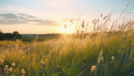 Sunset in the summer meadow. Beautiful nature background. Soft focus.の素材