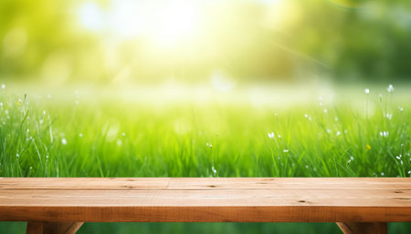 Wooden table top on natural green grass background with bokeh.の素材