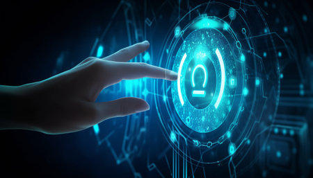 Businessman pressing button on virtual screen with binary code. Technology conceptの素材