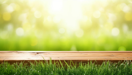 Wooden table top on green grass with bokeh background.の素材