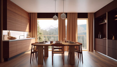 3d rendering of wooden kitchen and dining room with mountain view.の素材