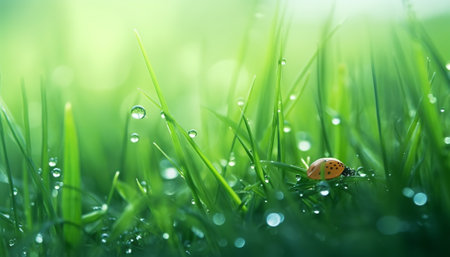 fresh green grass with dew drops and ladybug close-upの素材