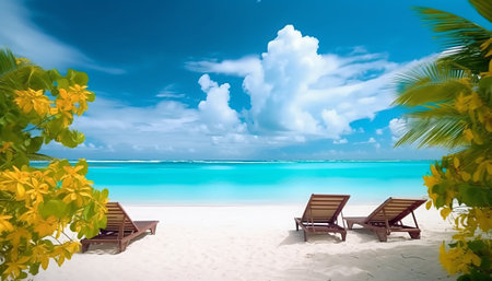 Beach chairs on tropical beach with palm trees and turquoise seaの素材