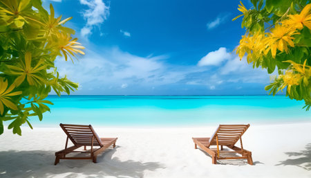Beach chairs on a tropical beach at Maldives. 3d renderingの素材