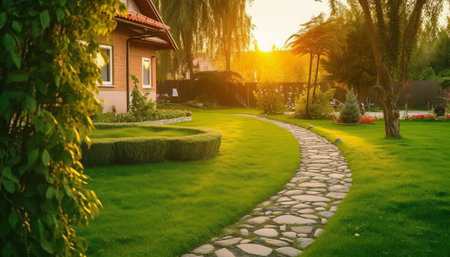 Garden path in the park at sunset time. Beautiful landscape.の素材