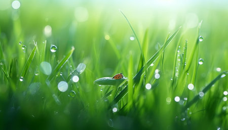 Green grass with dew drops in the morning. Natural background.の素材